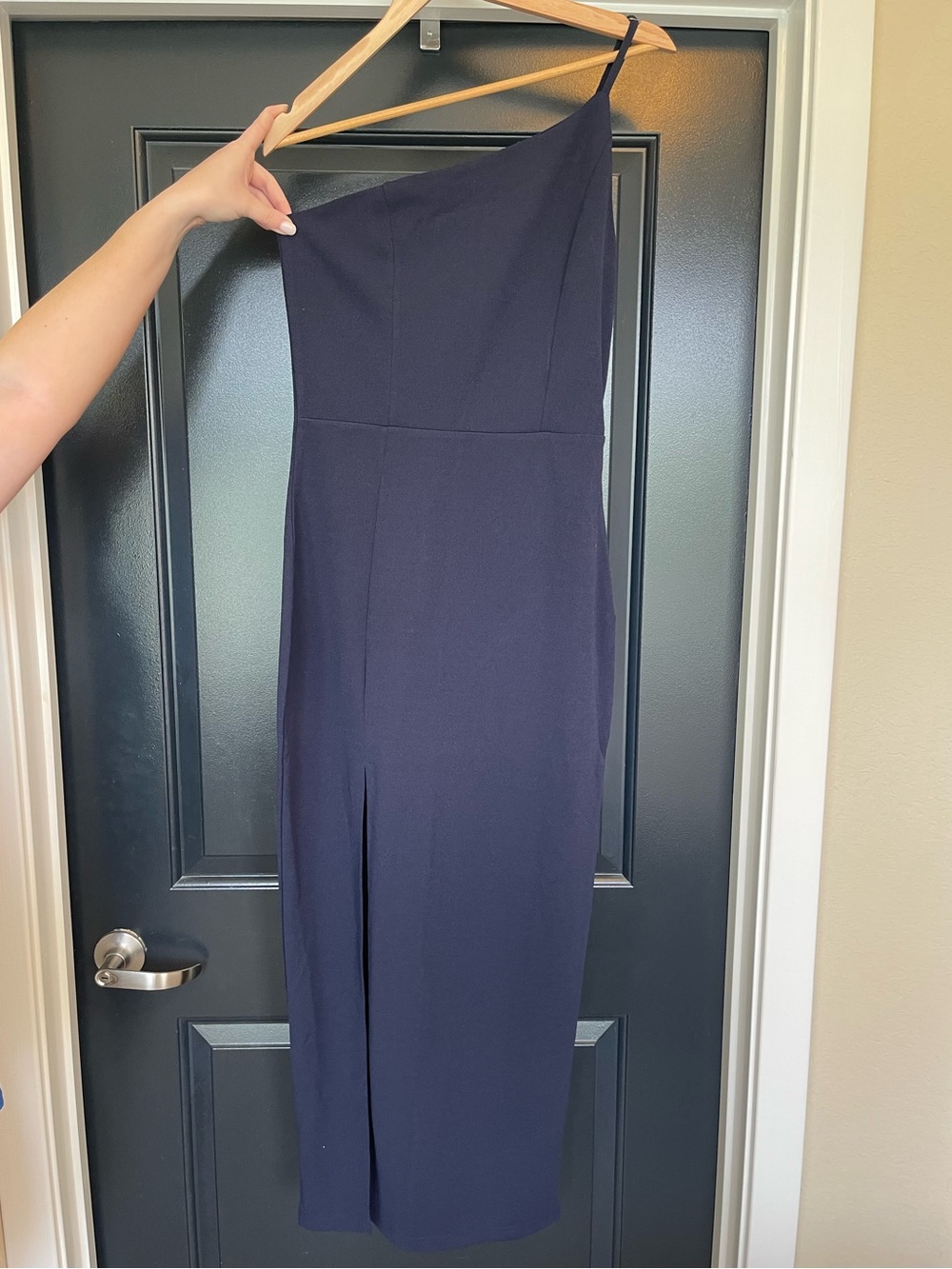 One-Shoulder Navy Maxi Dress with Front Slit